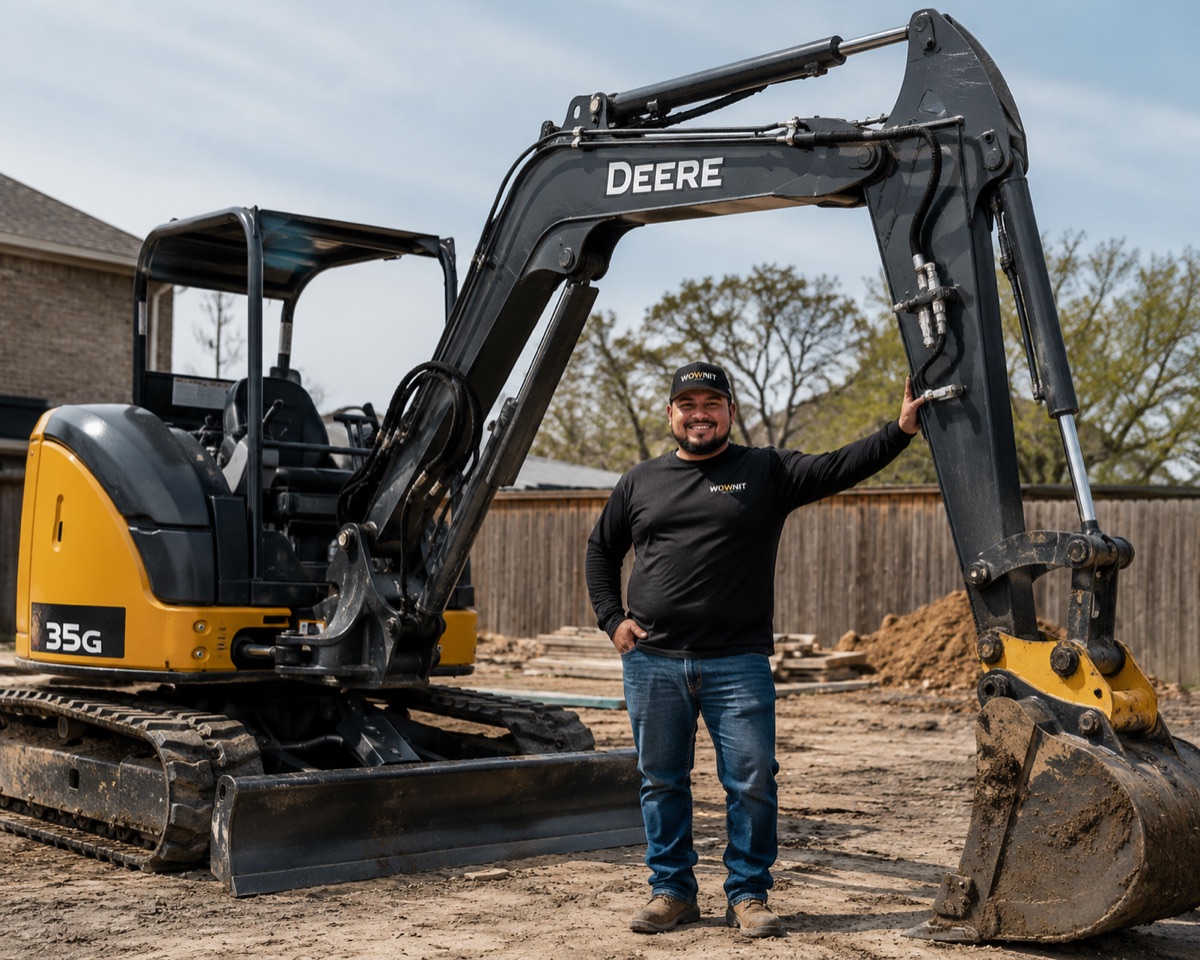 A contractor standing beside the John Deere mini excavator he leases through wOWNit